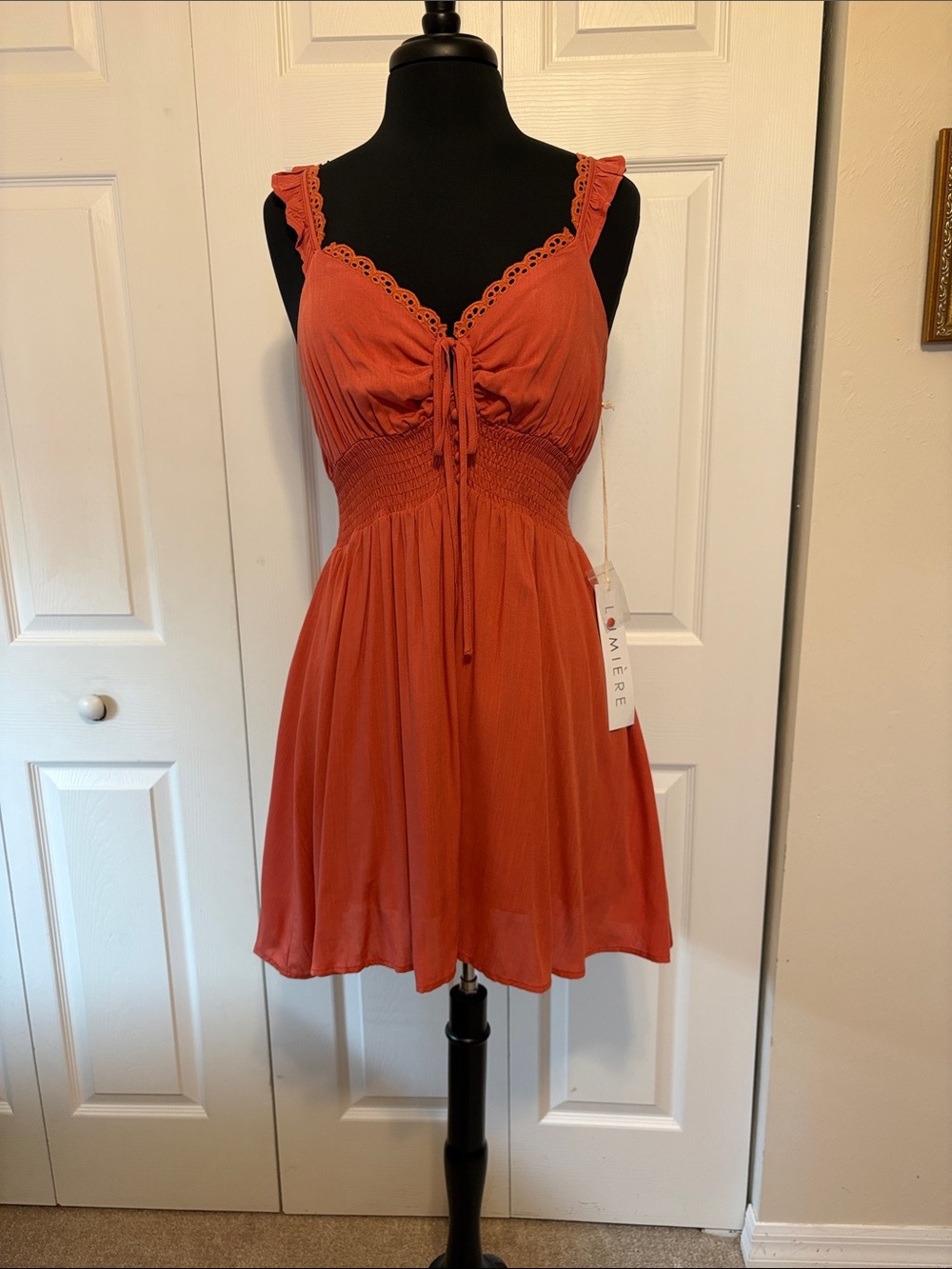 NWT Lumière Terracotta Eyelet Ruffle Cami Mini Dress Medium.
